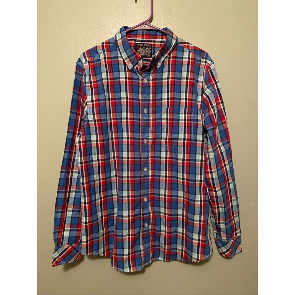 Straight Faded Blue Red Long Sleeve Button Down Shirt Size Medium